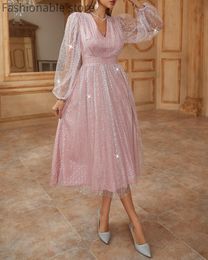 Casual Dresses Women Elegant Puff Lantern Sleeve Glitter Sheer Mesh Party Dress