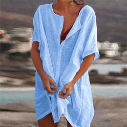 Womens Swimsuit Beach Cover Ups Short Sleeve Long Blouse Summer Casual Loose Solid Colour Beach Coverup Blouse Plus Size 220531