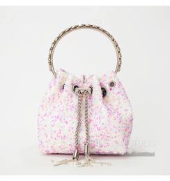 designer evening bags Fringed rhinestone bucket bag metal handle fashion women's shoulder bag PU single leather handbag