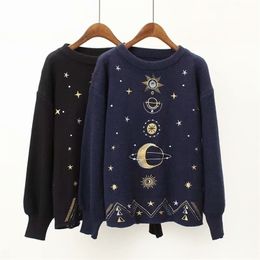Women Fashion Sweater Moon Star Embroidery Knitting Sweaters ONeck Winter Warm Pullover Sweater Casual Girls Tops Sweater T200319