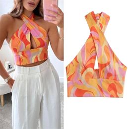 TRAF Halter Top Female Backless Crop Woman Print Sleeveless Summer s Ladies Fashion Tied Sexy Women Blouses 220325