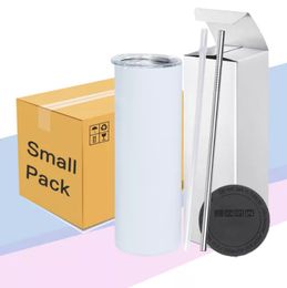 Local warehouse 20oz Sublimation tumblers Small Pack Insulation Water Bottles Straight Skinny Tumbler with rubbers and metal straw A02