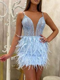 Casual Dresses Elegant Blue Short Feather Dress Sexy Ladies Banquet Evening Bodycon Bandage Streetwear Party Autumn Winter Club