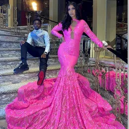 long white one handed dresses UK - Fuchsia Mermaid Long Prom Dresses 2022 Rosa Red African Black Girl Long Sleeves Sparkly Sequin Lace Luxury Party Evening Dress B0415