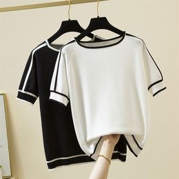 Camisetas Mujer Thin Knitted T Shirt Women Short Sleeve Summer Tops Woman Clothes Striped Fashion T- Tee Femme 220321