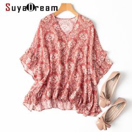 Women's Blouses & Shirts SuyaDream Woman Summer 100%Silk Crepe Bat Sleeves V Neck Floral Blouse 2022 Top