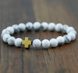 Charm Bracelets Natural White Howlite Stone Beads Cross Charms For Women And Men Semi Precious Bangle Pulseras Mujer Fine JewelryCharm