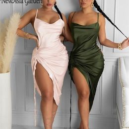 Asia Ruched Satin Summer Dress Drawstring Spaghetti Straps Cowl Neck Backless Long Dresses for Women Party Sexy Vestidos 220615