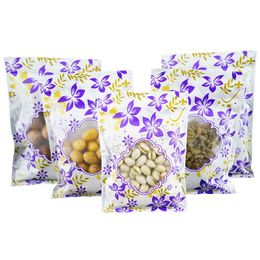 100Pcs/Lot Purple Printed Zipper Top Bag Resealable Plastic Food Party Packaging Bags Tea Gift Pack Pouch With Clear Window LZ1824