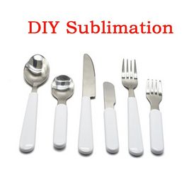 DIY Sublimation Kids Aldult Cutlery Stainless Steel Tableware Western-style Tableware Cutlery White Blank Knife Fork Spoon DHL Delivery