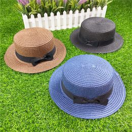 Summer Sun Protection Hat Women Straw Flat Top Hats Woman Small Brim Cap Girl Shade Caps with Bowknot Lady Sunhat Sunhats