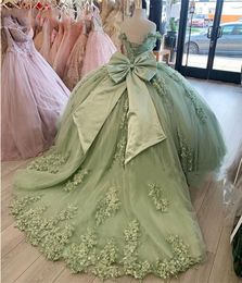 Sage Princess Quinceanera Dresses Bow Back Corset Ball Gown Beaded 3D Flowers Lace Appliques Formal Prom Graduation Gowns Lace-Up Sweet 15 16 Dress 2022