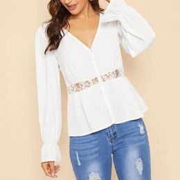 Women's Blouses & Shirts 2022 Spring Autumn Top Shirt Sexy Deep V Neck Flared Sleeves Lace Single Breasted Patchwork Solid Colour Slim