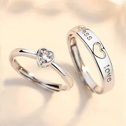 2022 Fashion Copper Plated Silver With Zircon Adjustable Size Set Couple Rings Heart Shape For Lover Men Women Engagement Wedding Ring Valentine's Day Gift Accessory