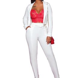 Women's Two Piece Pants White Suit Lady Blazer Set Turn Neck Full Sleeve Crop Top Pencil Office Sets Womens Outfits 20222Women's