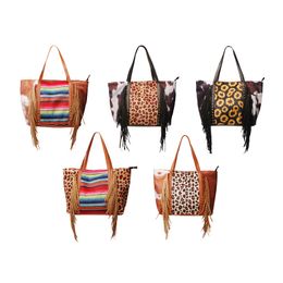 PU Leather Handbag Large Capacity Storage Bags Ladies Leopard Print Tassel Rivet Bag