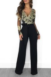 Wide Leg Casual Overalls Sexy Women V-neck Lace Elegant Straight Party Jumpsuit Rompers 220420