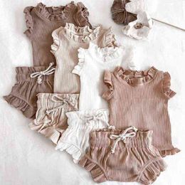 2022 summer and autumn newborn clothes girls solid Colour knitted jumpsuit boy baby sleeveless cotton triangle shorts 2Pcs G220517