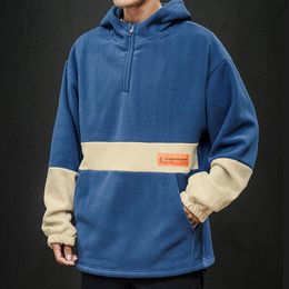 Fleece Hoodie Sweatshirt Men Zipper Collar Harajuku Hoodies Men High Street Hooded Sweatshirts Fashion Patchwork Tops 220816