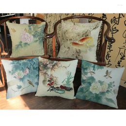 Pillow /Decorative Chinese Style Famous Vintage Ink Painting Flower Bird Throw Pillows Cotton Linen Home Decoration Sofa Chair