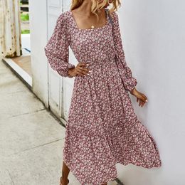 Casual Dresses Women Long Dress Spring Sleeve Chiffon Robe Elegant Ladies Flower Square Collar Party 2022 Black Clothes For Woman