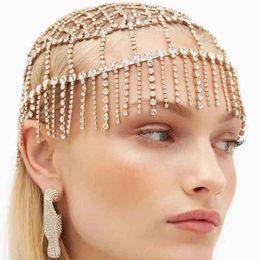 Stonefans Hollow Rhinestone Head Chain Wedding Tiara for Bride Crystal Headbands Hair Chain Female Tassel Forehead Headwear Hat AA220323