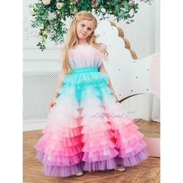 Colourful Rainbow Flower Girl Dresses Floor Length O Neck Little Girl Wedding Dress Communion Pageant Birthday Gowns