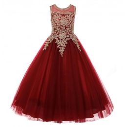 Girl's Dresses Little Girls Pageant Dress Gold Applique Kids Ball Gowns For Children Fancy Prom Party Vestido MeninaGirl's