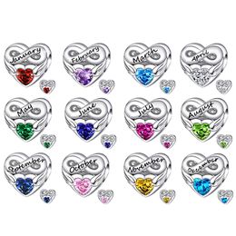 925 Serie de piedra de nacimiento de plata esterlina Beads Heart Beads Fit Original Pandora Charms Bracelet Women Jewelry Gift