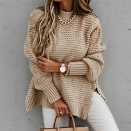 Women Sweater Autumn Winter Casual Solid Colour Long Lantern Sleeve Pullover Female Fashion Side Slit Loose Knitted Sweaters 220809