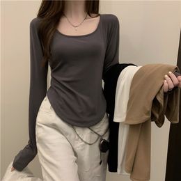 Women Long Sleeve Square Neck TShirt Spring And Autumn Irregular Hem Slim Casual Top Girl Bottom Shirts 220810