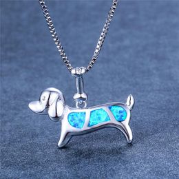 Pendant Necklaces Cute Female Small Dog Animal Pendants Silver Colour Blue Fire Opal Necklace Vintage Wedding For WomenPendant