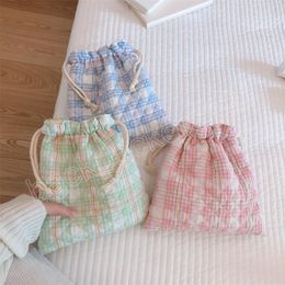 Simple Plaid Quilted Cotton Mini Drawstring Bag Mobile Phone Storage Bag Baby Stroller Hanging Mommy Bags