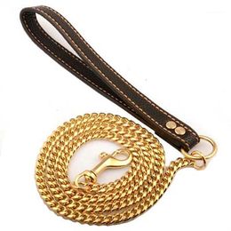 Gold Chain Dog Pet Leashes Supplies Leather Handle Portable Puppy Cat Leash Rope Straps For Medium Large Dogs