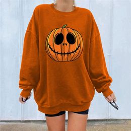 Women Sweatshirts Autumn Casual Vintage Pumpkin Print Halloween Round Collar Harajuku Oversized Hooded Pullover Tops 220816