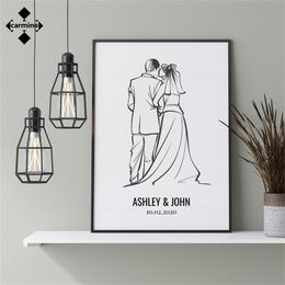 Custom Couple Line Painting Bride Groom Cheek Kiss Portrait Canvas Print Personalised Wall Art Painting Personalised Gift Decor 220623