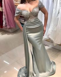 Arabic Plus Size Grey Mermaid Sexy Evening Dresses sweetheart off shoulder Lace Beaded Satin Prom Formal Party Second Reception Gowns