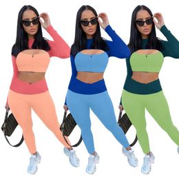 Women's Two Piece Pants Casual Women Biker Set Colour Patchwork Skinny Bodycon High Streetwear Sportsuit Clothes For Outfit