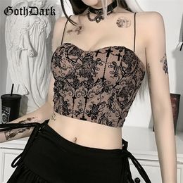 Goth Dark Gothic Aesthetic Women Bodycon Camis Vintage Harajuku Grunge Sexy Crop Tops Backless Lace Patchowrk Summer Streetwear 220519