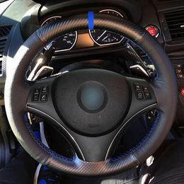 Steering Wheel Covers Car Cover DIY Non-slip Black Genuine Leather Carbon Fiber For E90 E91 E92 E93 X1 E84 E87 E81 E82 E88
