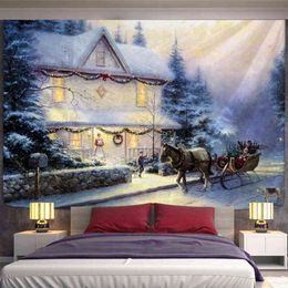 Christmas Oil Paint Tapestry Art Wall Hanging Waggon Beautiful Home Background Decoration Hand Wash Woven J220804