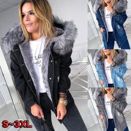 Women's Jackets Autumn And Winter Fur Collar Denim Stitching Jacket Slim Fit Plus Velvet Padded Women