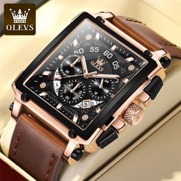 OLEVS Original Watch for Men Top Brand Luxury Hollow Square Sport Watches Fashion Leather Strap Waterproof Quartz Wristwatch 220530