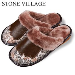 Genuine Leather Slippers Women New Indoor Shoes Home Slippers Soft Bottom Wood Floor Non Slip Warm Plush Cotton Men Slippers 201026