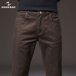 SHAN BAO 98% cotton pants autumn brand classic style young men's slim straight stretch casual black brown navy blue 220330
