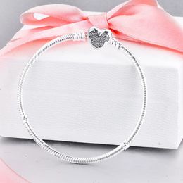 Moments Mouse Heart Clasp Snake Chain Bracelets Genuine 925 Sterling Silver Bracelets Fits European Pandora Style Jewelry Charms Beads DIY Bracelet 599299C01