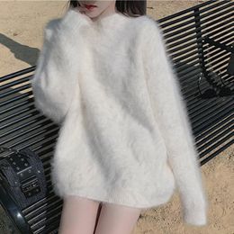 Women's Sweaters Chic Fashion Women Mink Cashmere White Pullovers Lazy Autumn Winter Soft Warm Thick Mohair Knitted Plus Size Loose Sweater