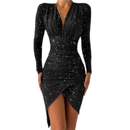 Casual Dresses Elegant Formal Dress Women 2022 Dot Print Pleats Autumn Winter Slit Hem Sheath Party Street Wear Xxl