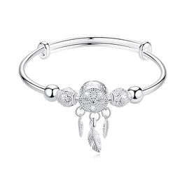 Adjustable 925 Sterling Silver Bracelets Dreamcatcher Tassel Feather Round Bead Charm Bracelet & Bangle For Women Elegant Jewelry