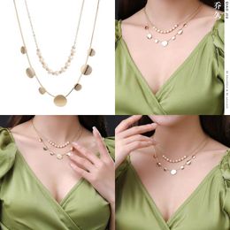 Women Highly Quality Gift Pendant Necklaces Light Luxury Style Titanium Steel Does Not Fall Colour Necklace Pearl Double Laminated Gol jllGRA